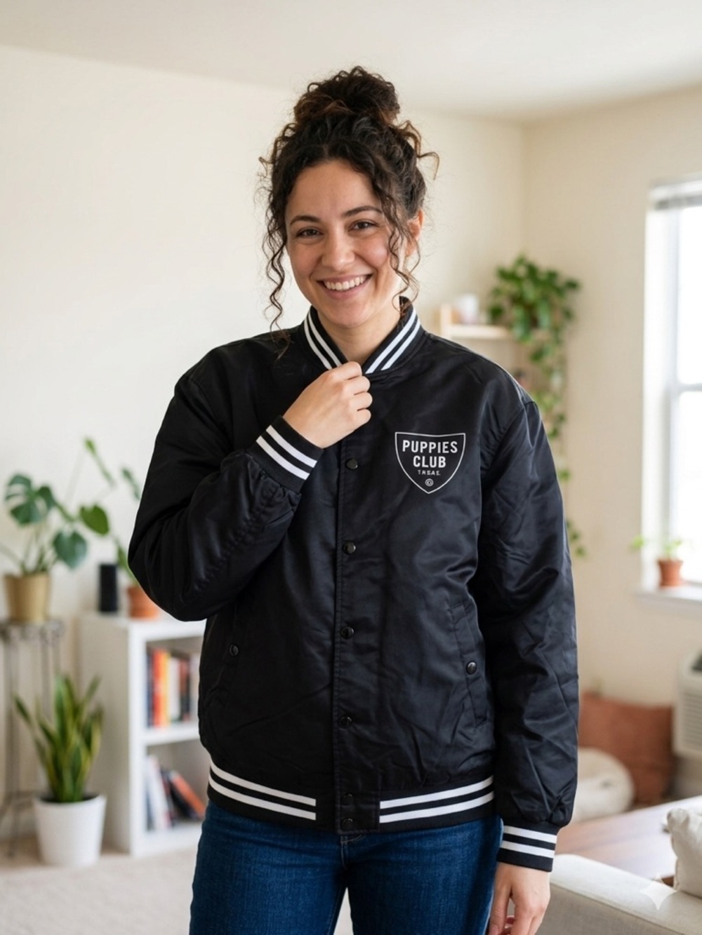 Puppies Make Me Happy Black Varsity Bomber Jacket XL